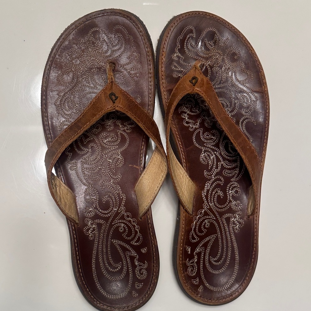 Olukai Brown Leather Flip Flops